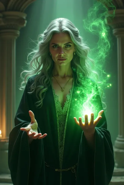 A beautiful woman with gray hair creates a green death spell