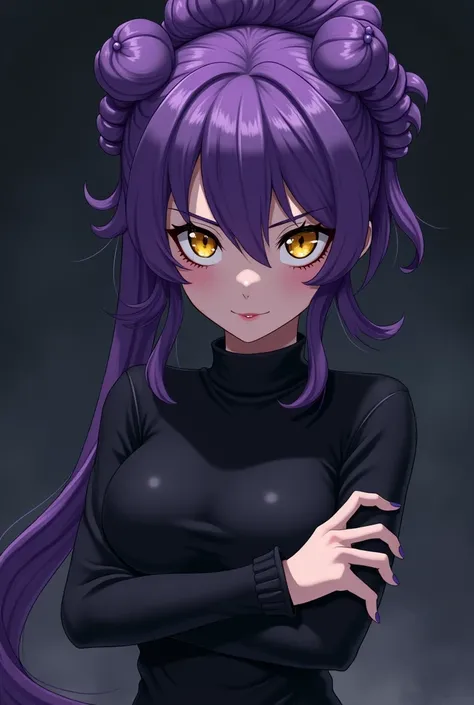 The image shows a character from the animation. She has fair skin, yellow eyes, purple hair arranged in an elaborate hairstyle, and expressive makeup. She is dressed in a dark outfit with a high white collar and crosses her arms over her chest. Her express...