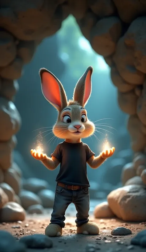 A cute 3D Pixar-style rabbit bunny, dressed in a black t-shirt and gray jeans, stands in front of a cave entrance. The bunny, with glowing hands, is casting a magical spell to move the large stones blocking the cave. The atmosphere is mystical, with a fain...