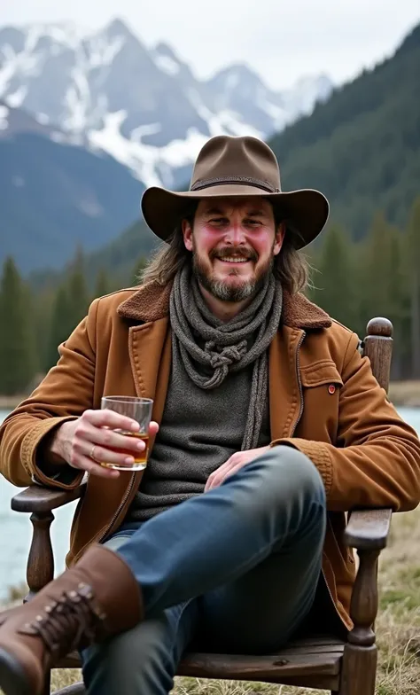 A rugged man sitting outdoors in a scenic mountainous setting, wearing a cozy jacket, scarf, and a wide-brimmed hat, with a confident and content expression. He is holding a glass of whiskey or a similar drink in one hand while casually resting his booted ...