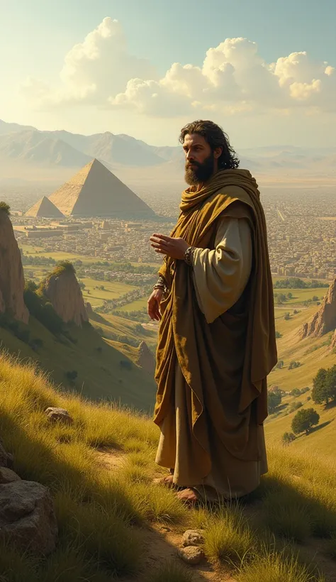 create a realistic image of the prophet Jonah standing on a hill overlooking the city of Nineveh in the background, Jonah is dressed as an ancient Israelite.