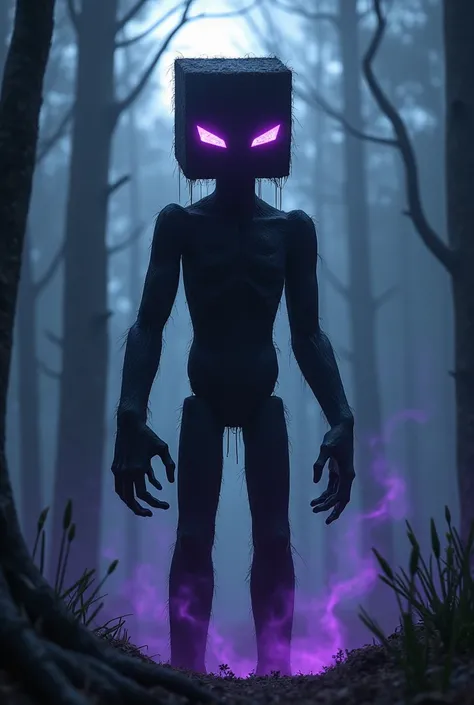 "A tall, slender humanoid figure resembling a Minecraft Enderman, reimagined in real life. It has jet-black skin with a slightly textured, shadowy appearance, glowing purple eyes emitting a faint, eerie light. The creature stands in a misty, moonlit forest...