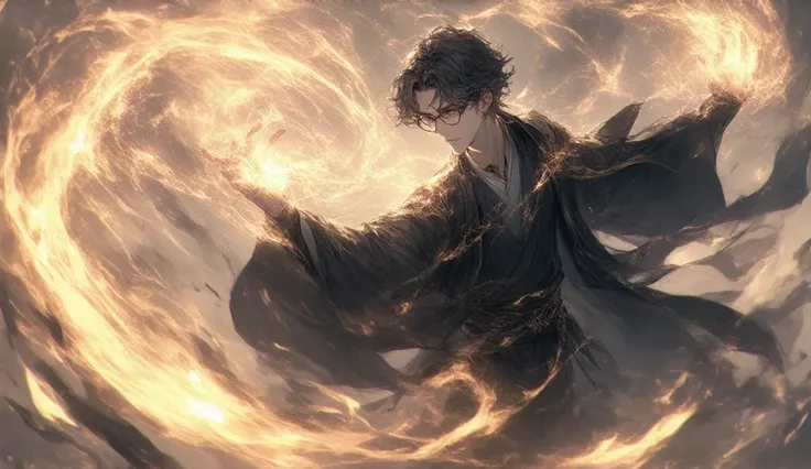 "A young male wizard with curly hair and glasses, depicted in a dynamic manga style, performing a powerful spell with intense motion. His robes flow dramatically as he moves, with magical energy swirling around him in vibrant, detailed patterns. The scene ...