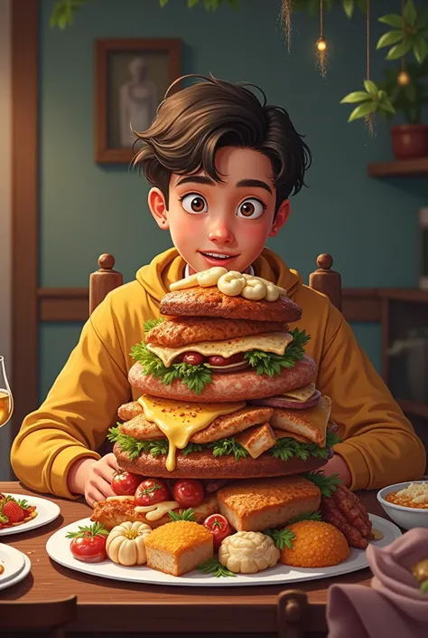 A teenager eating at the table, With a huge plate full of food all the way to the top.