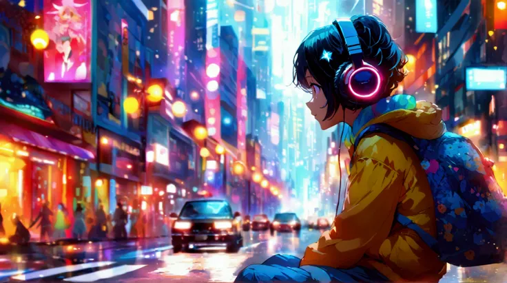 shows an anime-style illustration of a character wearing headphones, sitting in a vibrant cityscape at night. The city is illuminated with bright lights from buildings and streetlights, and there are cars on the road. The scene is interesting due to its de...