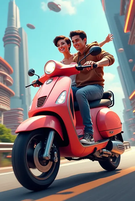 Young couple of men and women ride a 3d vespa motorcycle