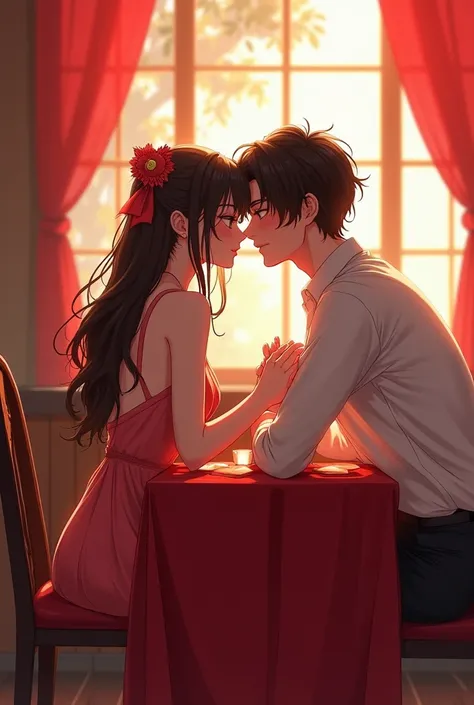 anime couple kissing in a restaurant with a table and a red cloth, a pastel by Ren Renfa, pixiv, conceptual art, yaoi, at pixiv, shunga style, yiqiang and shurakrgt, passionate pose, hidari and vlop, full body wuxia, rob rey and kentarõ miura