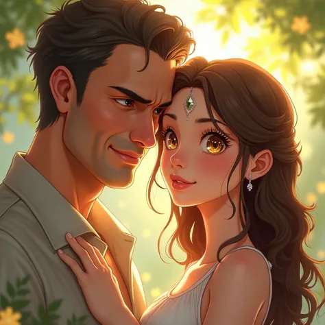 2 personnages style anime fantasy HD : (1 dad male with sharp features, short brown hair, yellow eyes, intense piercing eyes, furrowed brow, beard and mustache, gentle and smiling expression)(1 petite fille, cheveux très long détachés marron ondulés, yeux ...