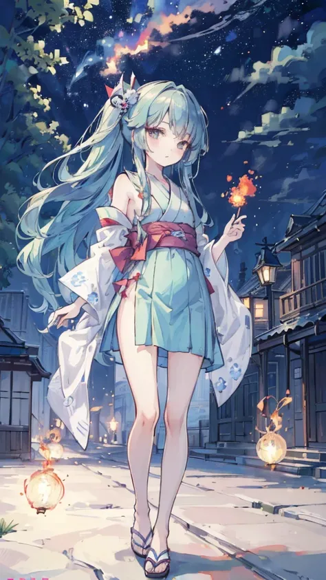 (masterpiece,  best quality,  high resolution:1.4), wallpaper, whole body, 1 Girl,  long hair, (Blue Hair:1.0), ( dark haired:1.0),  green eyes ,  colorful hair , Gradient hair , Small chest, Facing one side , yukata ,  holding a party firecracker, night, ...