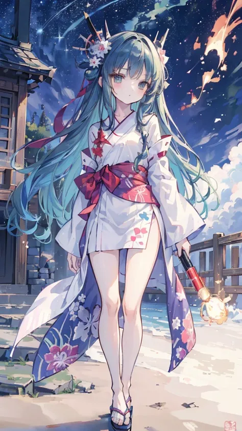 (masterpiece,  best quality,  high resolution:1.4), wallpaper, whole body, 1 Girl,  long hair, (Blue Hair:1.0), ( dark haired:1.0),  green eyes ,  colorful hair , Gradient hair , Small chest, Facing one side , yukata ,  holding a party firecracker, night, ...