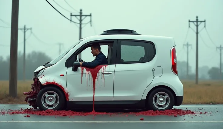 A futuristic white self-driving car crashed into a power pole on the road, causing great damage, with a man in the backseat bleeding through a window and dying. The bleeding man is an office worker. The man hangs over a broken window and dies. There is no ...