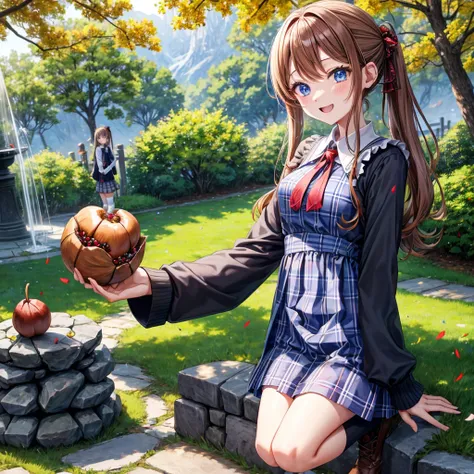 Chestnut Hair、 blue eyes、 with hair tied 、Two cute、 plaid miniskirt、 BLACK T-SHIRT、 Long Sleeve 、 dress、 striped high socks、Teeth are visible、lawn、The stone is cracked、Uneven ground、The road is curved、Large autumn tree、Mountain々、isolated island、iridescent ...