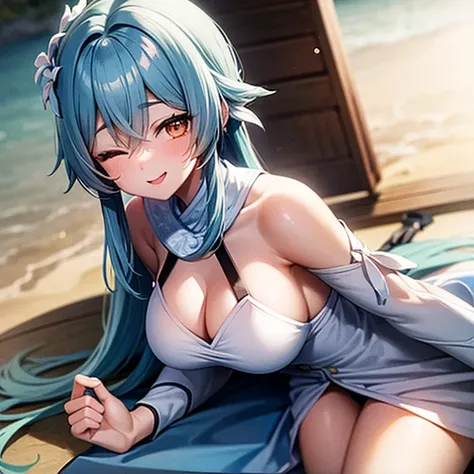 She has long, aqua blue hair, a cheerful personality, and a beautiful body with healthy, lustrous skin。Her occupation is a magic swordsman、She has big, round black eyes that seem to draw you in、She is wearing a beautiful white and pink outfit。Her chest is ...