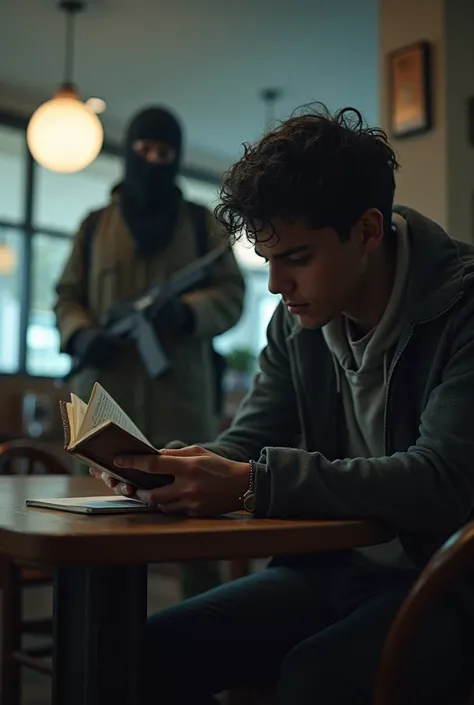 A student reads a book with a terrorist carrying a gun next to him 