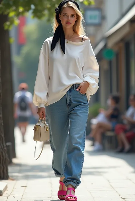 A lady wearing a big white top with baggy jeans and a pink Barbie sandals with tied black scarf on my head and a cream small bag