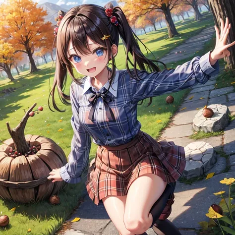 Chestnut Hair、 blue eyes、 with hair tied 、Two cute、 plaid miniskirt、 BLACK T-SHIRT、 Long Sleeve 、 dress、 striped high socks、Teeth are visible、lawn、The stone is cracked、Uneven ground、The road is curved、Large autumn tree、Mountain々、isolated island、iridescent ...