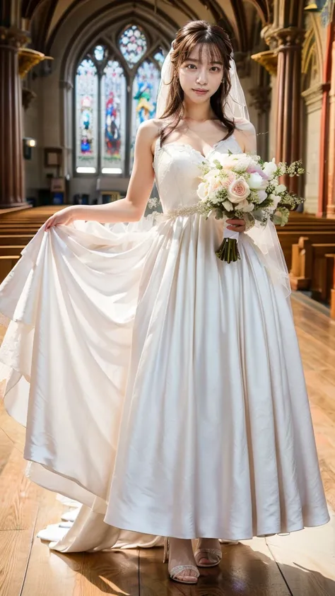 A beautiful young Japanese woman, 26 years old, with healthy thighs, beautiful legs, flawless skin, random hair color and style, large breasts, wearing a (wedding dress:1.3), full body shot, high heels, holding a bouquet in her hands, in a church setting, ...