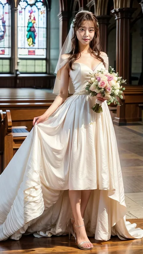 A beautiful young Japanese woman, 26 years old, with healthy thighs, beautiful legs, flawless skin, random hair color and style, large breasts, wearing a (wedding dress:1.3), full body shot, high heels, holding a bouquet in her hands, in a church setting, ...