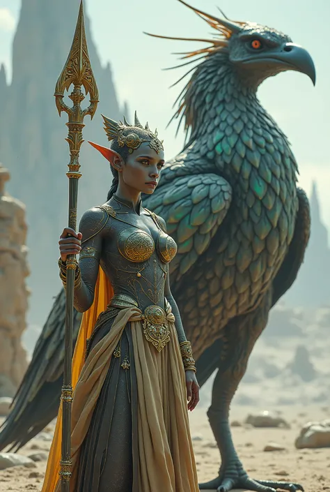 A beautiful alian woman stands in front of her large flightless bird with an alien worriors staff and fight regalia armor, 36k resolution, hyperdetailed, photorealistic, sci-fi art style.