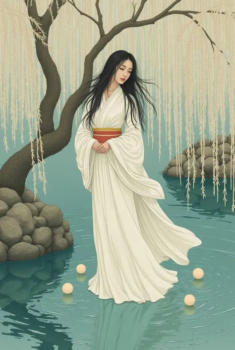 Japanese painting, ukiyo-e, white willow tree, old pond, beautiful woman, disheveled straight long hair, wearing white Japanese kimono, Zambaragami, several pale round fireballs