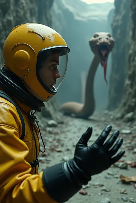 Main Visual: A close-up of the cosmonauts face wearing a yelloew spacesuit, black chemical gloves and boots showing fear or tension, with a giant zombie face on a giant snakes body no arms and legs creature moves like a snake in the background movie still ...