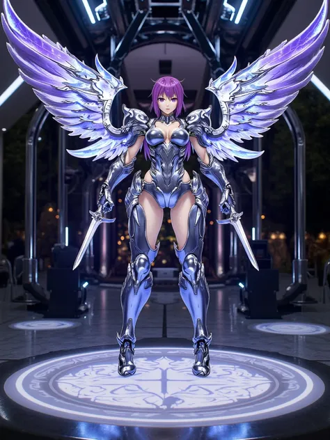 (((Full_body))) anime figure of a stunning female character in intricate “mecha cyber armor,” blending the elegance of a perfect anime woman with the dynamic style of anime shoujo mecha. The character features a beautiful, melancholic expression inspired b...