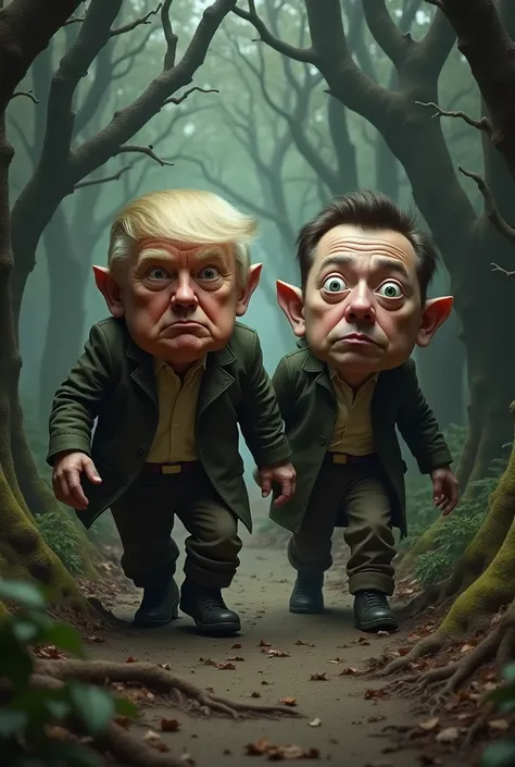 Donald Trump et Elon Musk en hobbits apeurés dans une forêt sombre et inquiétante