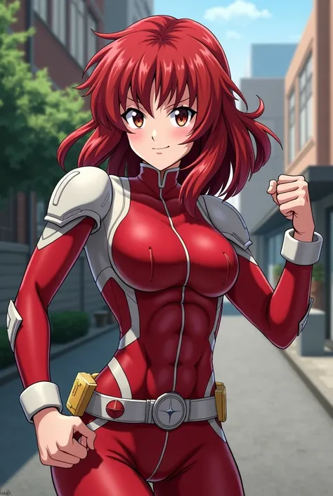   My Hero Academia style ,     anime girl  , woman, young woman ,    full body shot  ,(  Fighting Stance  :1.3),Long Hair, Red Hair,    Brown Eyes  ,  hero suit, Full Body Suit,   red suit with white details, perfect anatomy,  Reinforced ABS ,  super detai...