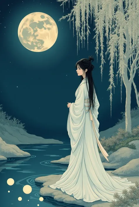 Japanese painting, ukiyo-e, night, white willow tree, old pond, beautiful woman, disheveled straight long hair, wearing white Japanese kimono, Zambaragami, several pale round fireballs