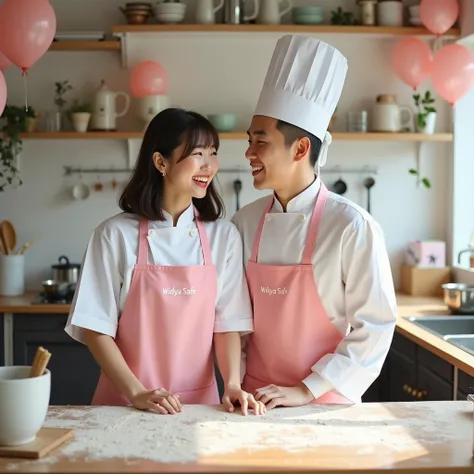 displays a very detailed real photo of a young Korean couple, a beautiful Korean woman with shoulder length hair, bright, neat bangs, wearing a white chefs shirt, pink apron, logo text "widya safe, chefs hat", and a handsome Korean man with very short unde...