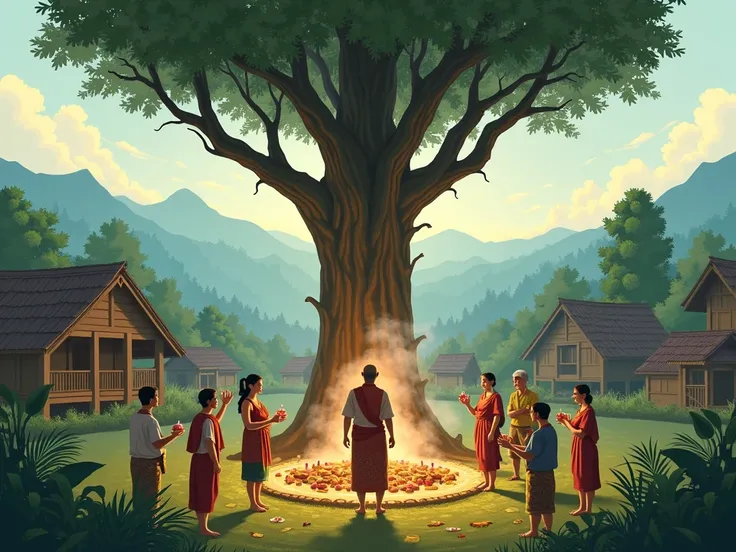 Illustrate a traditional Indonesian village focusing on animistic beliefs. In the center of the scene, there is a large sacred tree surrounded by villagers offering gifts such as food, flowers, and incense. A village elder in traditional attire leads the r...