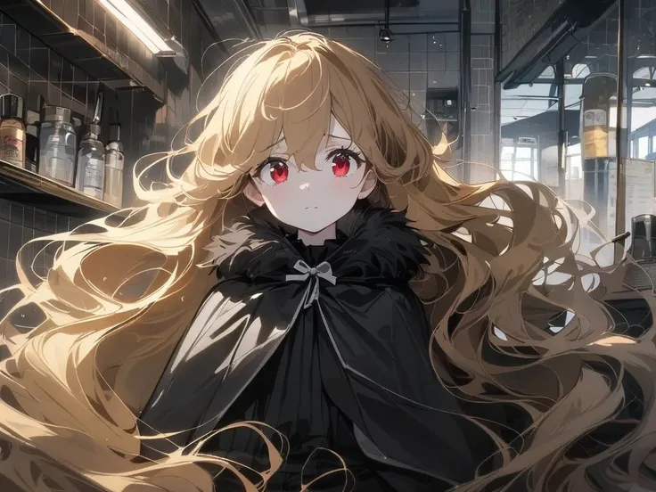 masterpiece, best quality, extremely detailed,moe anime character, (((very young  girl is getting haircut))),short person, solo, absurdly long hair, ((undercut)),wavy hair, blonde hair, hairs between eyes, red eyes, pale skin, ((wearing a hair cape)), sitt...