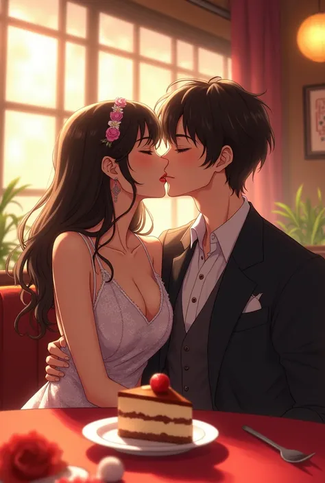 anime couple kissing in a restaurant with a table and a red tablecloth, a Ren Renfa cake, pixiv, conceptual, yaoi, in pixiv, shunga style, yiqiang and shurakrgt, passionate pose, hidari and vlop, full body wuxia, rob king and kentarõ miura, female xie lian