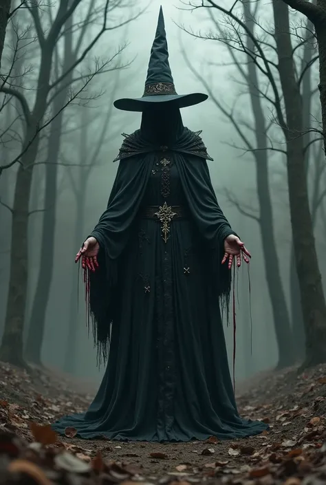 A witch in a cylinder in a dry forest with her hands covered in blood