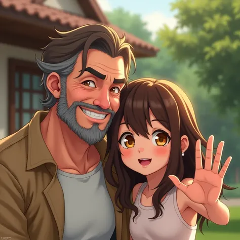 2 personnages style anime réaliste : (1 dad male with sharp features, short brown hair, yellow eyes, intense piercing eyes, furrowed brow, beard and mustache, gentle and smiling expression)(1 petite fille, cheveux très long détachés marron ondulés, yeux do...