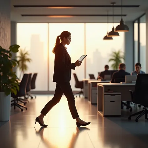 Manager walking through a modern office with a tablet in hand, soft light highlighting the workspace behind