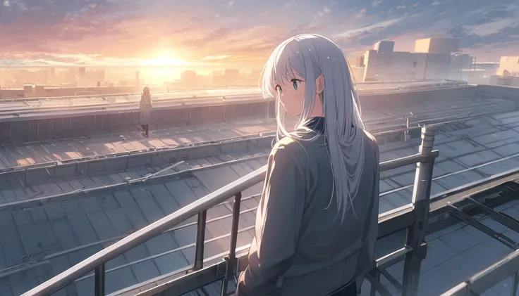  sunrise、Asahi、rooftop、Silver-haired woman、 back view