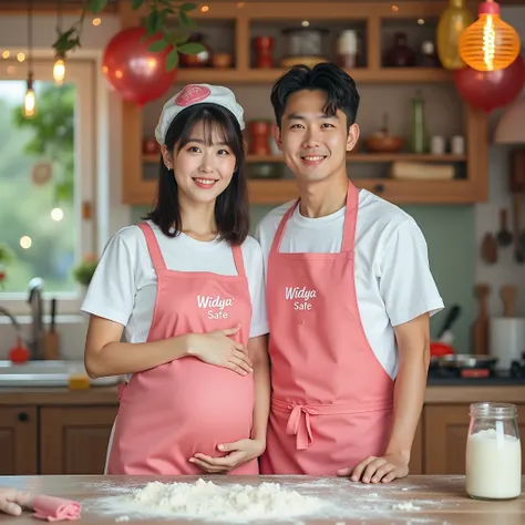 displays a very detailed real photo of a young Korean couple, a beautiful Korean woman with shoulder length hair, pregnant with a big belly, bright, with neat bangs, wearing a white chefs shirt, pink apron, logo text "widya safe", chefs hat, and a handsome...