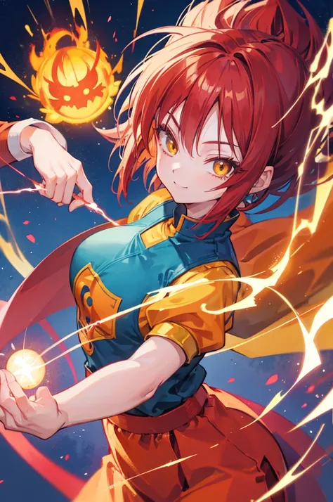 dragon ball, cute saiyan girl, little young, crimson hair, yellow eyes, , smile, electricity, aura, energy, focus on face, combat outfit