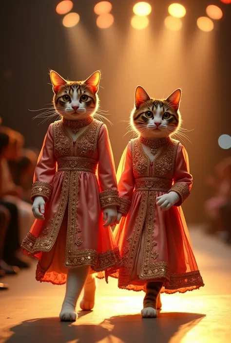 A cat is walking on its two legs who looks like she is 25 years old and next to it is walking her daughter cat who is wearing the same clothes as her mother but has a face like a cat. Close up of it walking gracefully on the runway, the cat looks so cute w...