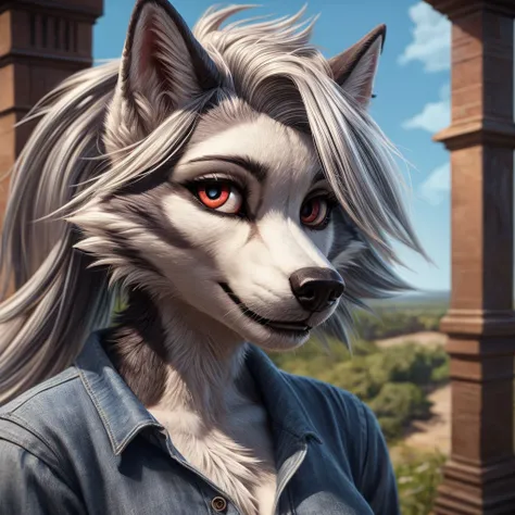 Furry art, breathtaking furry art, realistic furry, anthro white wolf, female wolf, black makeup, red eyes with black sclera, white T-shirt, short jeans, silver hairs, black ears, sensual, loona, claws,(pixelsketcher pikaflufftulf hioshiru artstyle),full b...