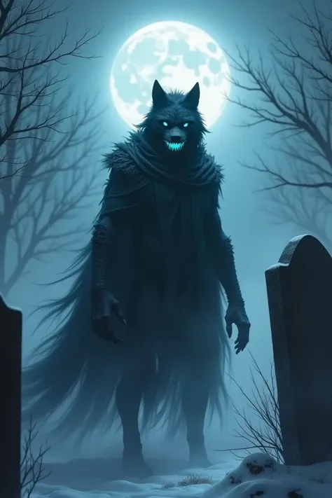 "A dark and mystical dogman stands in a foggy graveyard during a winter night. The creature has a humanoid body with a wolf-like head featuring glowing blue eyes and sharp, menacing teeth. It is draped in a tattered, dark cloak that flows eerily in the col...