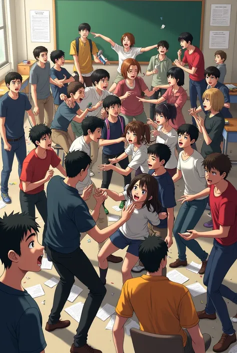 20 teen highschool, male and female, journey, infront of blackboard, class picture, fighting each other, messy classroom 