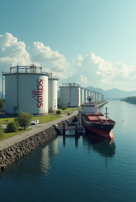 Fuel terminal with fuel tanks beside a river bank and a ship at the wharf bunkering and writing in fuel tanks  vertically that says TERMS FUELLING HB