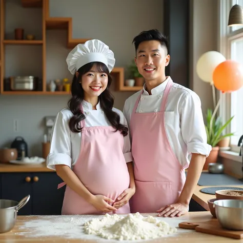 displays a very detailed real photo of a young Korean couple, a beautiful Korean woman with long hair, pregnant with a big belly, bright, with neat bangs, wearing a white chefs shirt, pink apron, logo text "widya safe, chefs hat, and a handsome Korean man ...