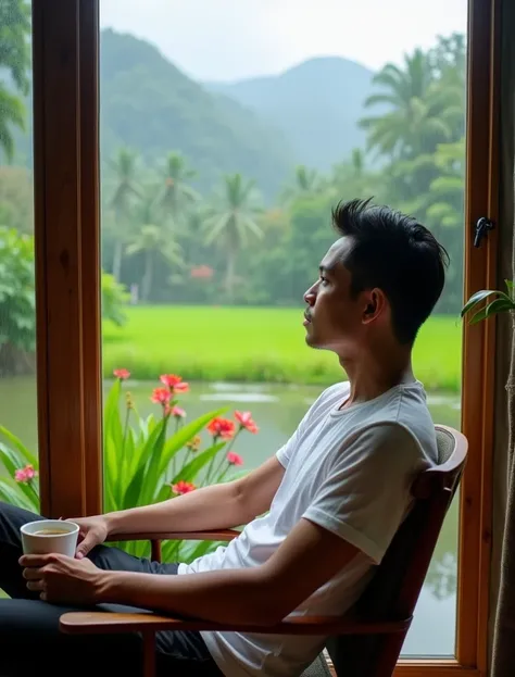  Photography of a handsome 30-year-old Indonesian man ,  wearing a white T-shirt sitting in a wooden chair close to a wooden window holding a cup of tea ,  from behind the window you can see a fish pond surrounded by flowers and greenery that is flooded wi...