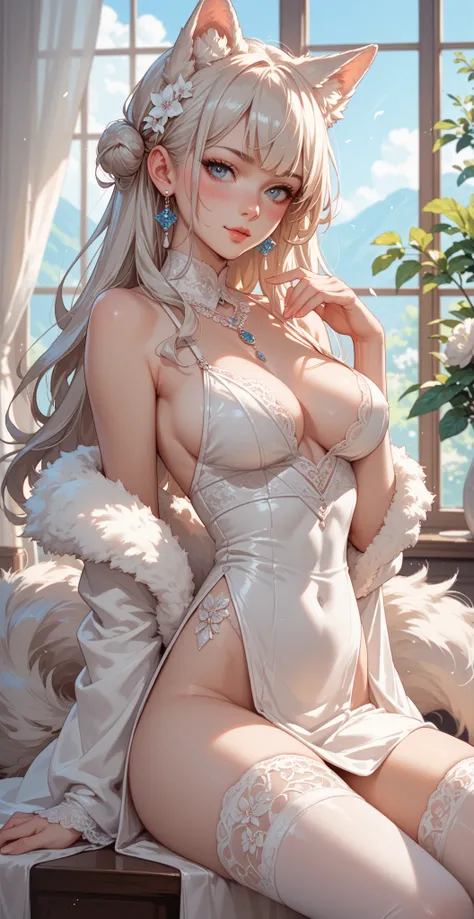 Anime girl, Anime style, half wolf, fluffy white years, Fluffy tail, Thik furry tail, Sexy figure, Sexy body, Breasts, wearing white cloths, Blush,