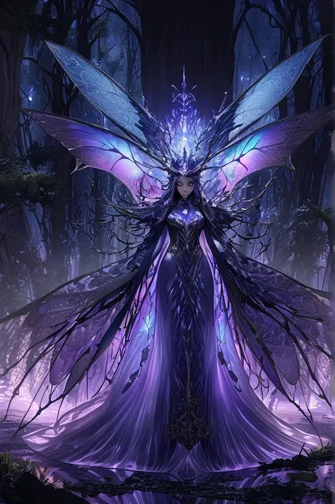 An evil sorceress, flying amid a whirlwind of magical insects, wearing a second skin of shimmering purple silk, crafted from insect wings with intricate iridescent patterns and magical embroidery glowing faintly in the darkness. Her long witchs hat, adorne...