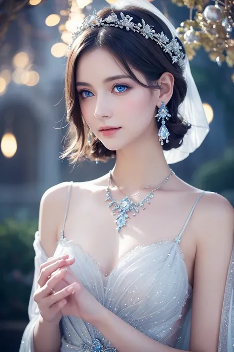 A beautiful ethereal woman with short silver hair and striking blue eyes, dressed in a white flowing gown adorned with sparkling details. She holds a glowing, magical orb in her hands, radiating a soft blue light with swirling patterns inside. The backgrou...