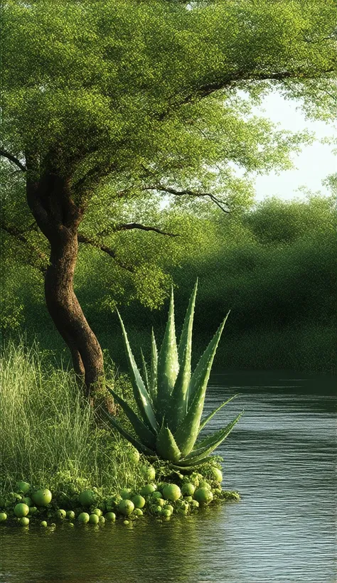 A serene riverside scene featuring a vibrant green aloe vera plant with thick, fleshy leaves and clear gel oozing from a freshly cut leaf. Nearby, a majestic amla tree stands tall, its green feathery leaves complementing round, translucent yellow-green fru...